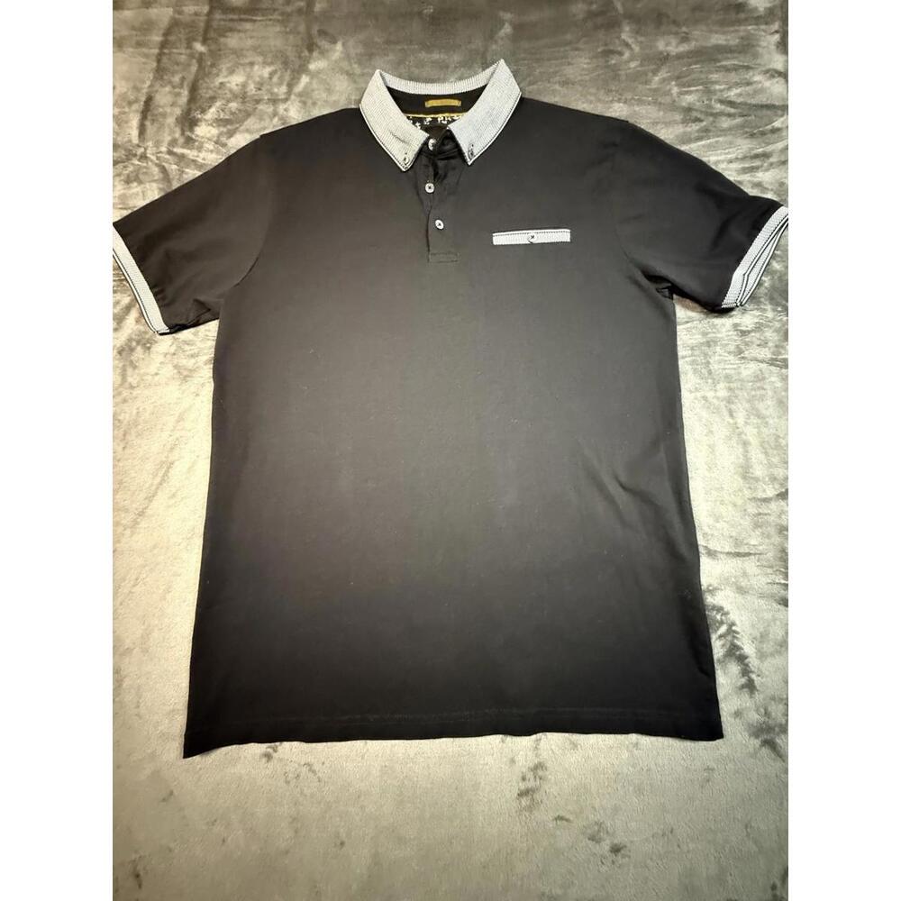 Denim & Flower Polo Shirt Mens Medium Black Pocket Preppy - Picture 2 of 5